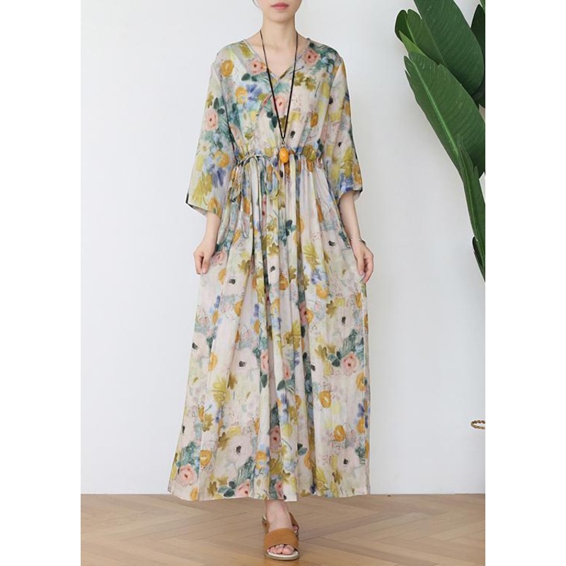 Casual Print V Necktie Waist Summer Linen Dress