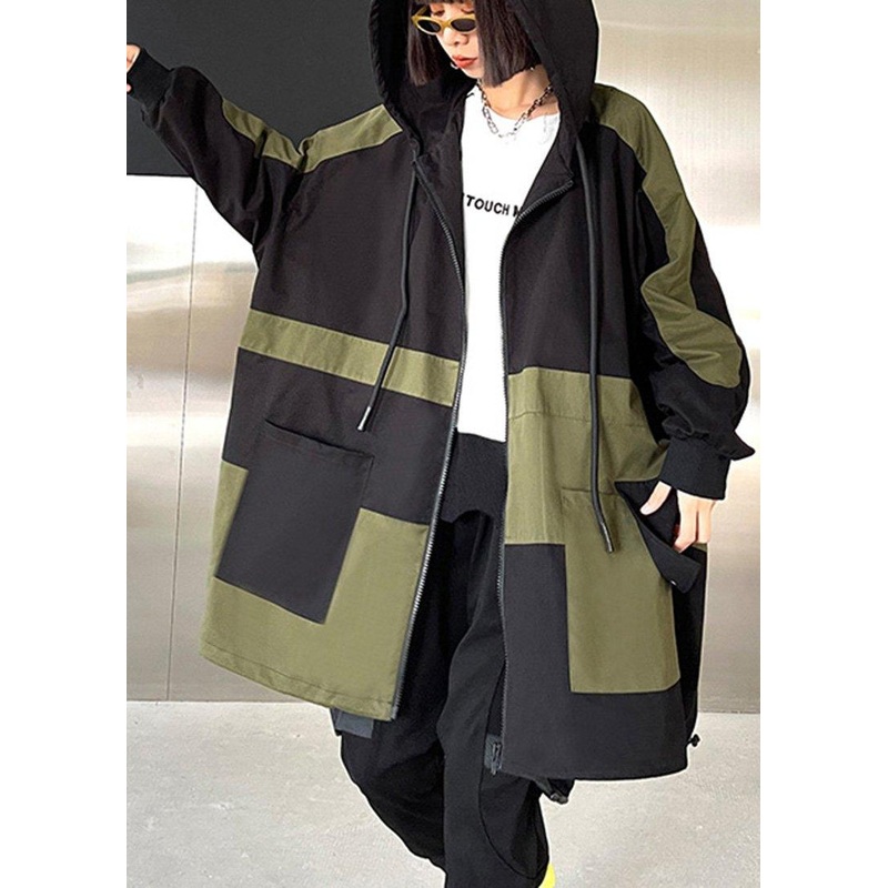 Chic Black Pockets Cotton zippered Spring Hoodie Coat