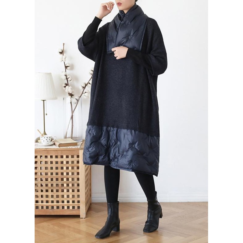 DIY Grey O-Neck PatchworkWool Knitwear Dress