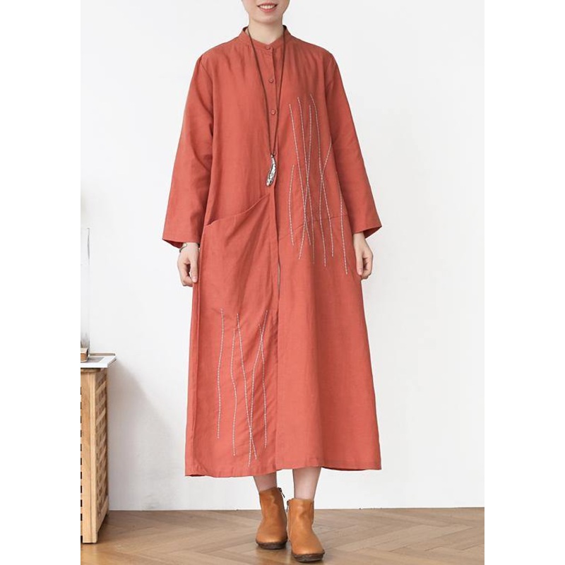 Elegant Rubber red Pockets Linen long clothes Spring Trench