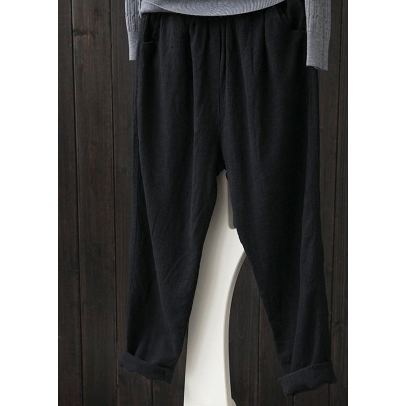 French Black Elastic Waist Linen Spring Pants