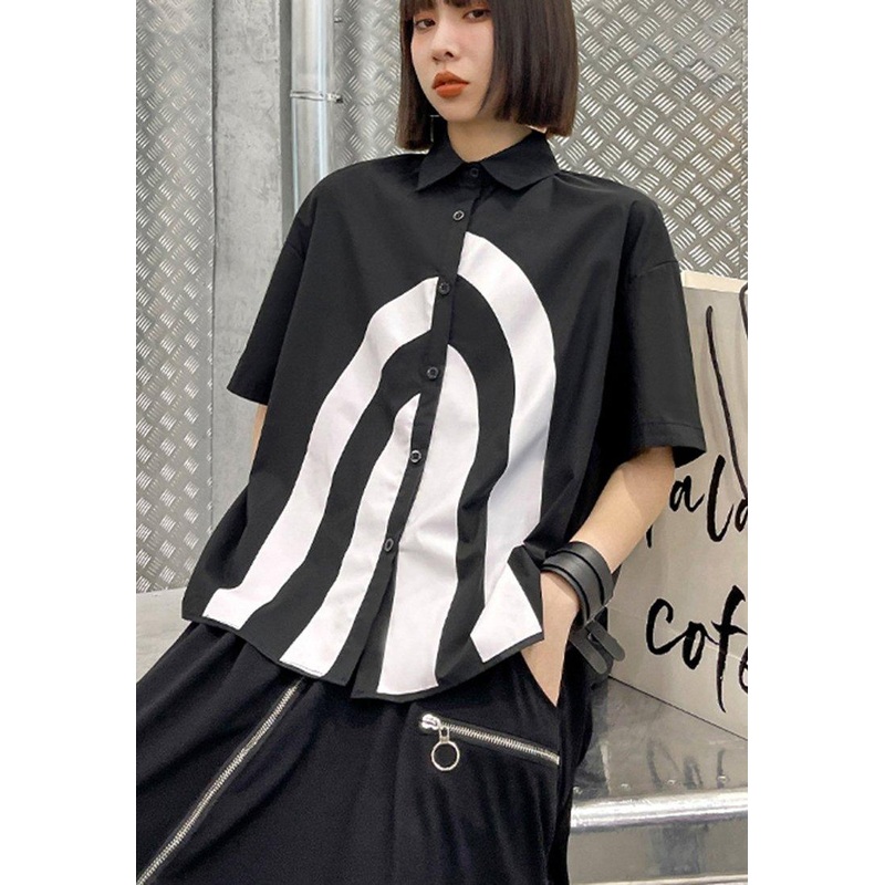 French Black Graphic Buttonlow high design Shirt Top