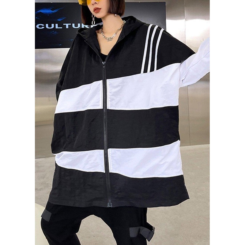 French Black White Cotton Cinched zippered Hoodies Outwear Spring