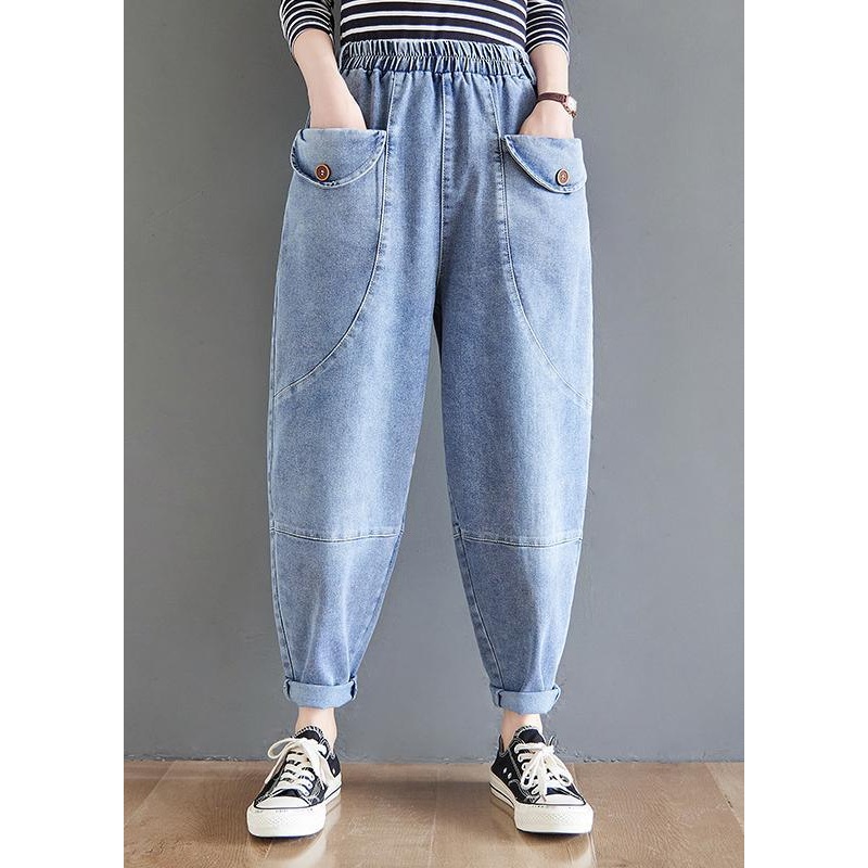 French Blue Women Pants Spring Elastic Waist Fabrics Wild Trousers