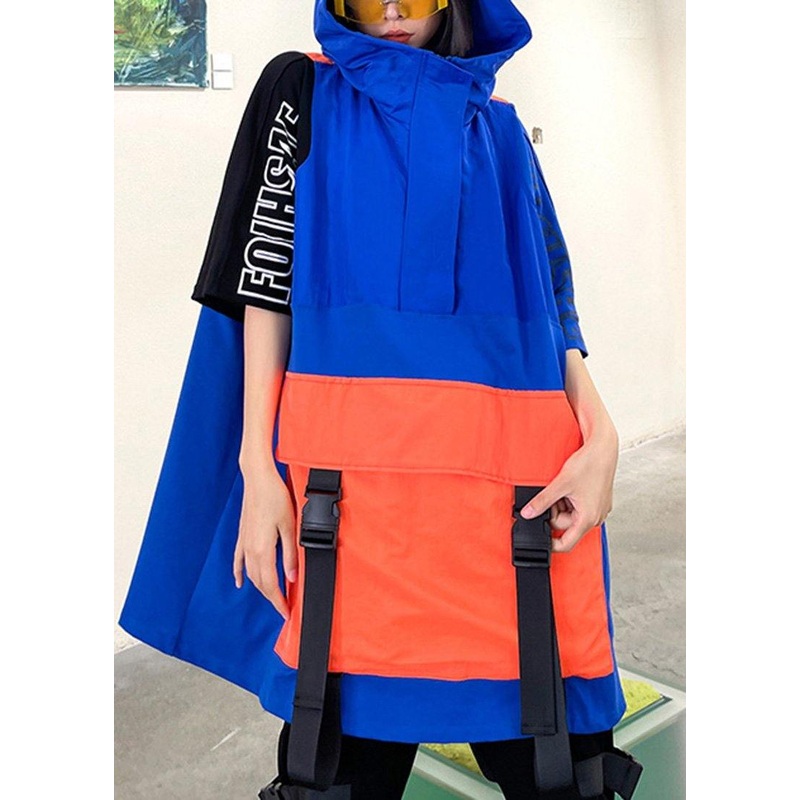 French Navy Spring hooded Patchwork Tops Half Sleeve