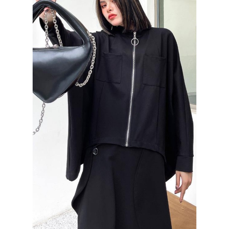 Loose Black Pockets Zippered Jackets Spring