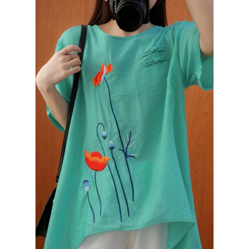 Natural Embroidery Summer Blouses For Women Green Shirt