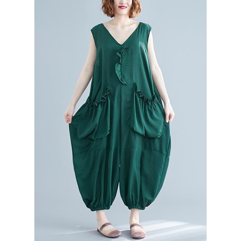 Plus Size Green Ruffled Summer Cotton Tracksuit Jumpsuit