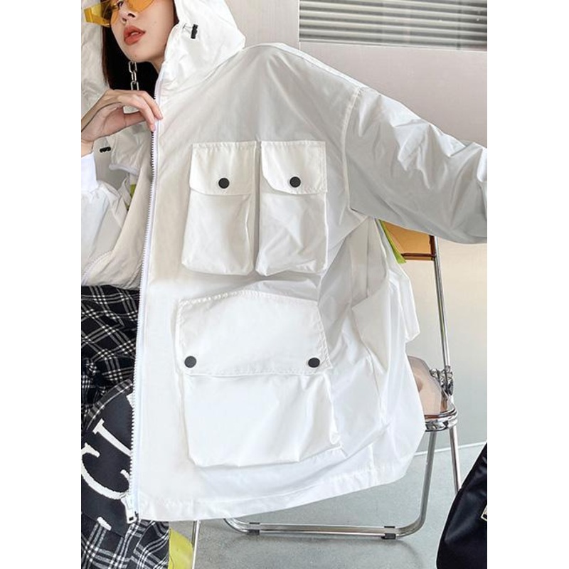 Spring Unique White Colorblock Pockets zippered Hooded Cotton Jacket