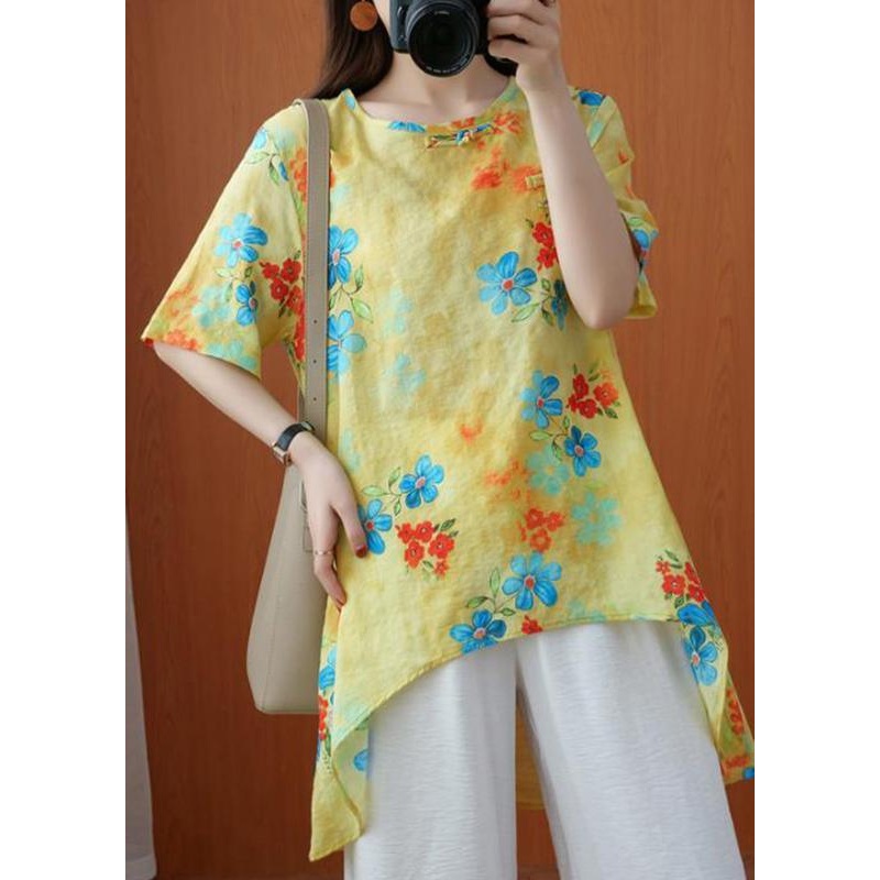 Style Yellow Crane Tops O-Neck Silhouette Summer Blouses