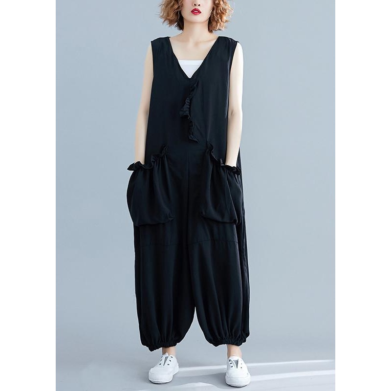Stylish Black Pockets Summer Cotton Jumpsuit Women
