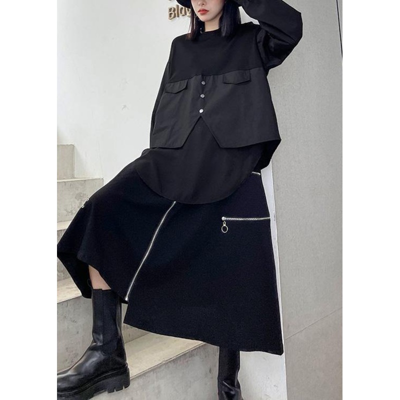 Unique Black Button Cotton Long Sleeve Spring Blouses
