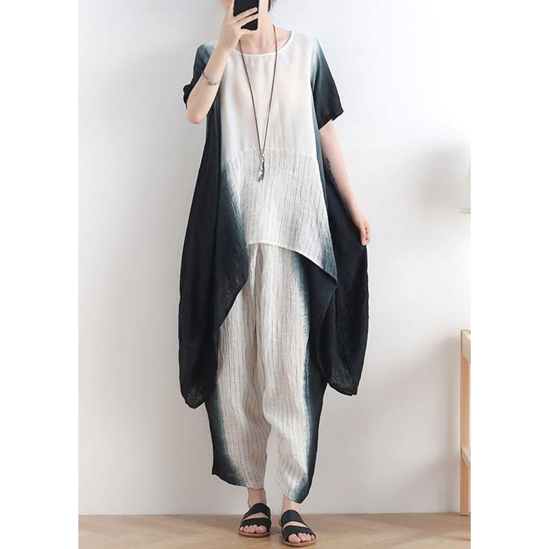 Unique Black Tie Dye Linen Short Sleeve Women Sets two Pieces
