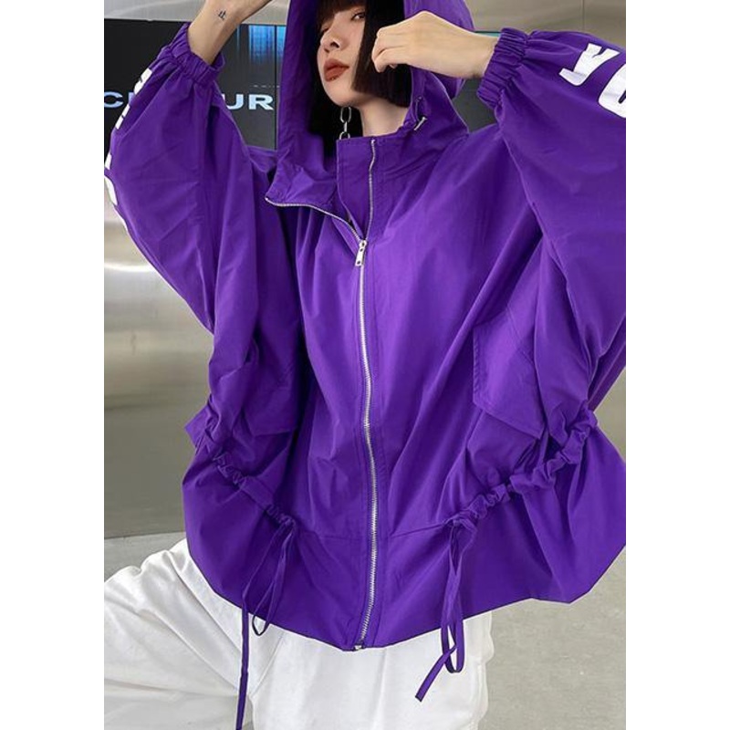 Unique Purple Cotton Letter zippered Hooded Coat Spring