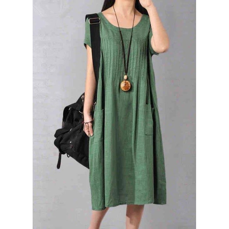 Unique Robes Women Cotton Linen Loose Fitting Short Sleeve Dress In Green