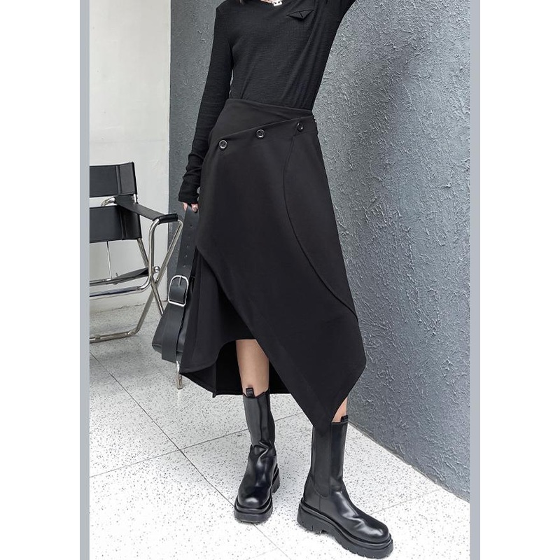 Women Black Asymmetrical Button Cotton Skirt