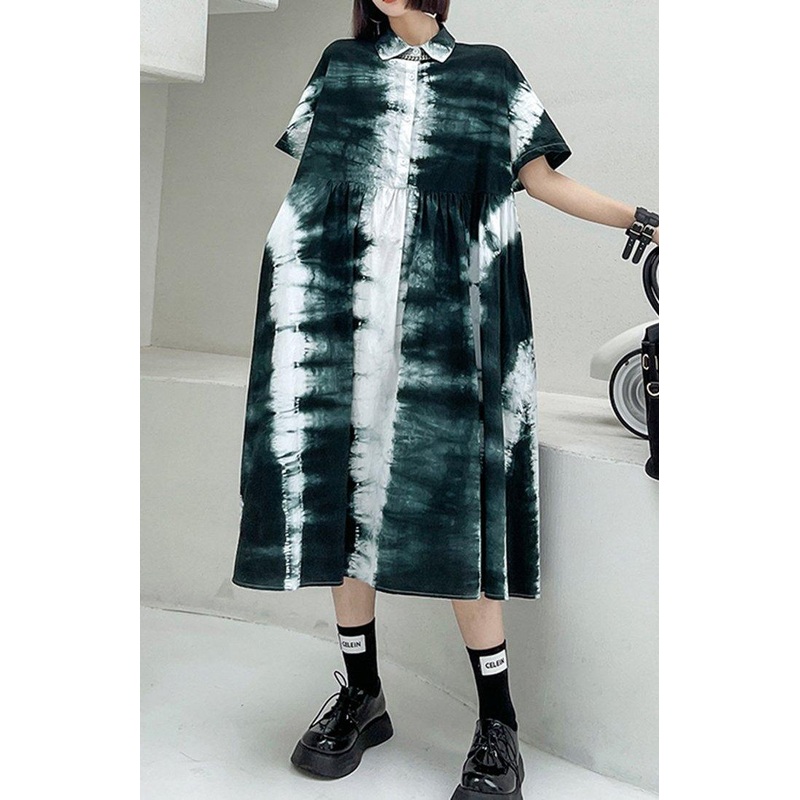 Women Black Tie Dye Cotton Turn-down Collar Summer Long Dresses