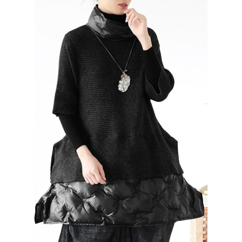 Women Black Turtleneck Half Sleeve Wool Sweater tops