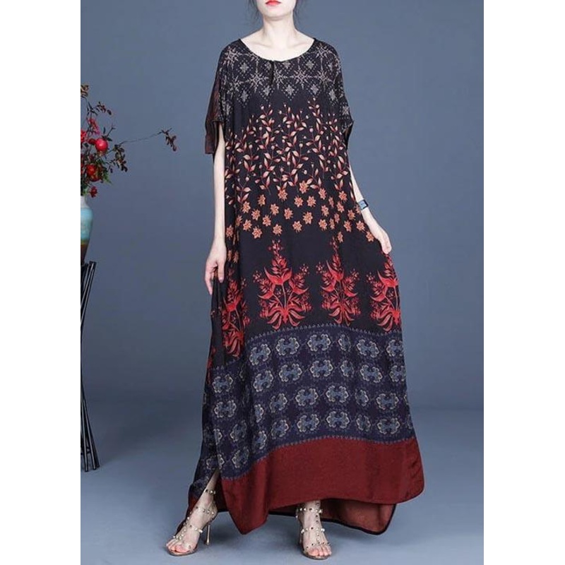 Women Clothes Side Open Fashion Stitching Floral Leaf Casual Long Dress