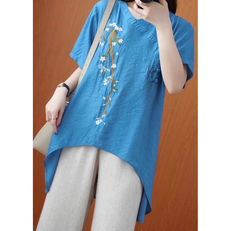 Women Embroidery Summer Top Wardrobes Blue Tops