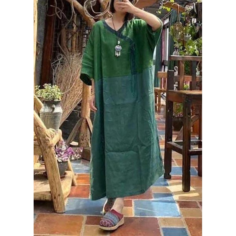 Women Linen Clothes Plus Size Summer Lace-up Green Spliced Dress
