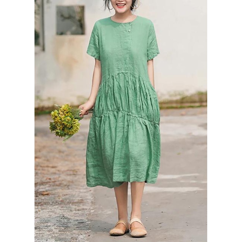 Women Linen Long Shirts Pakistani Green Pleated Casual Dress