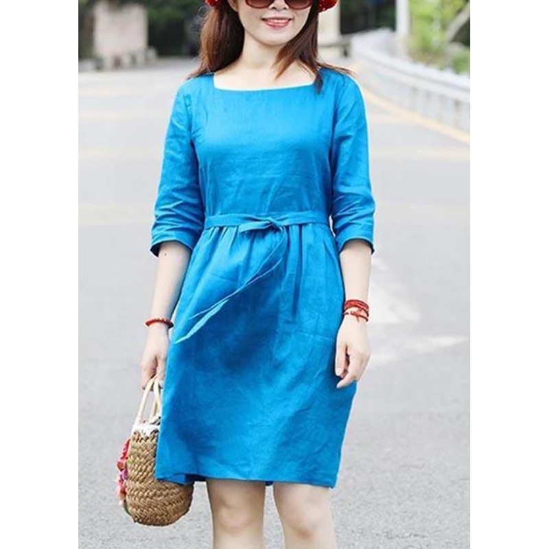 Women Linen Stylish Square Collar Half Sleeve Loose Blue Short Dress