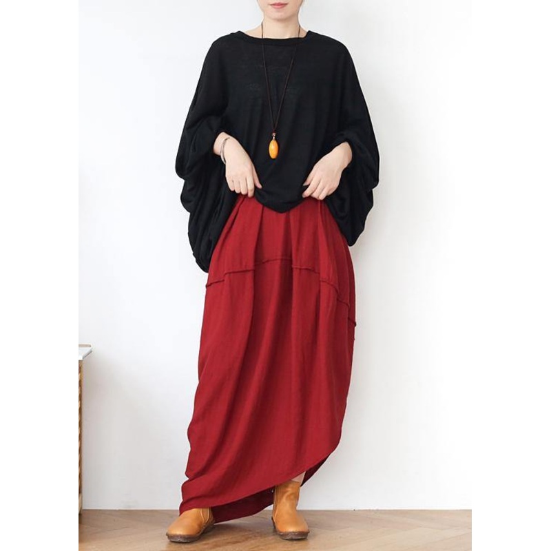Women Red Elastic Waist Linen Skirt