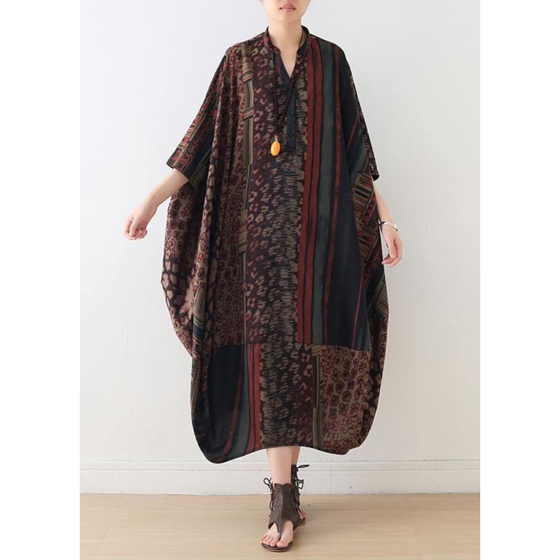 Women Red Print Batwing Sleeve Summer Chiffon Dress