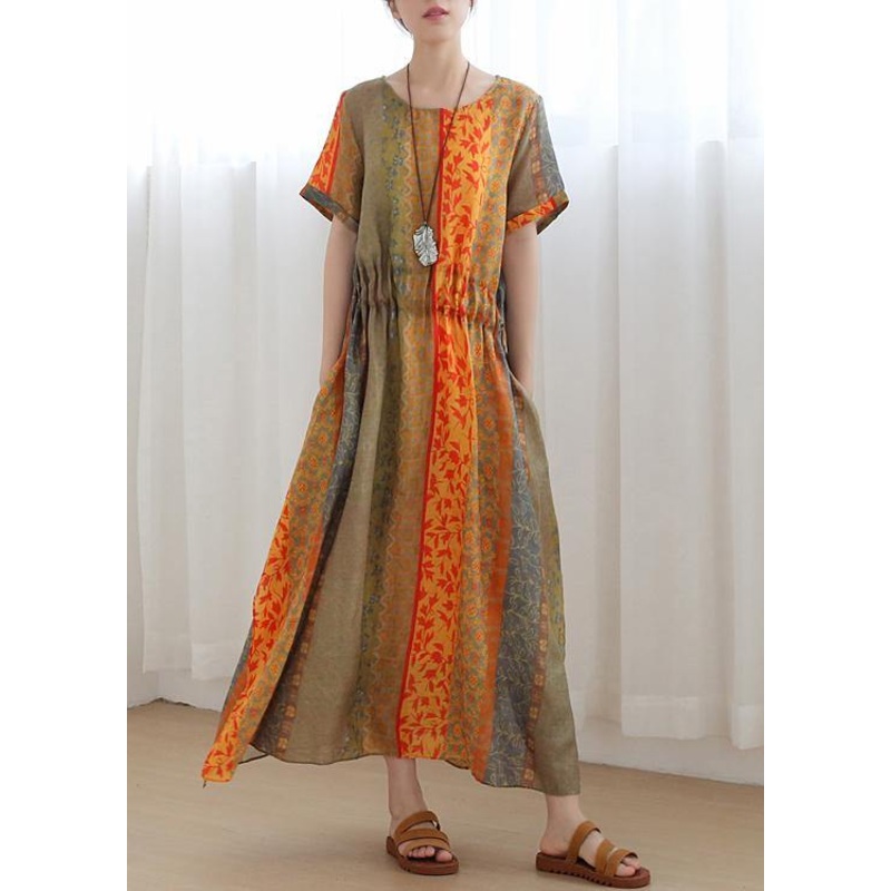 Art Orange Print Chiffon O-Neck Summer Dress
