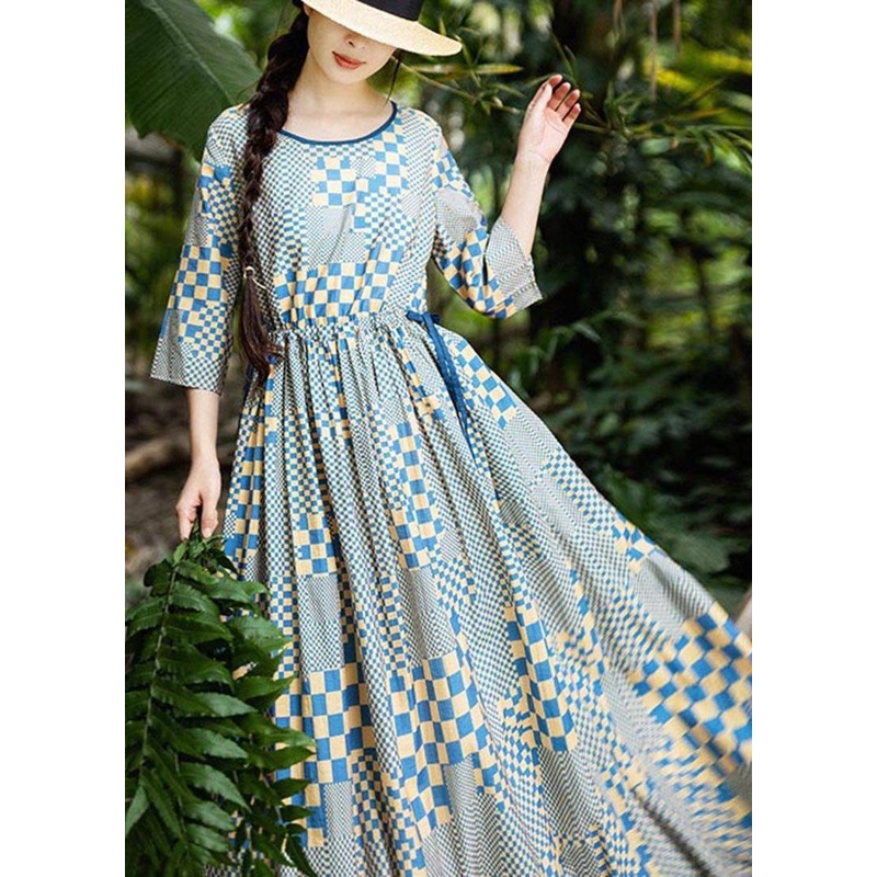 Art Yellow Blue Plaid tie waist Dress Summer Linen Dress