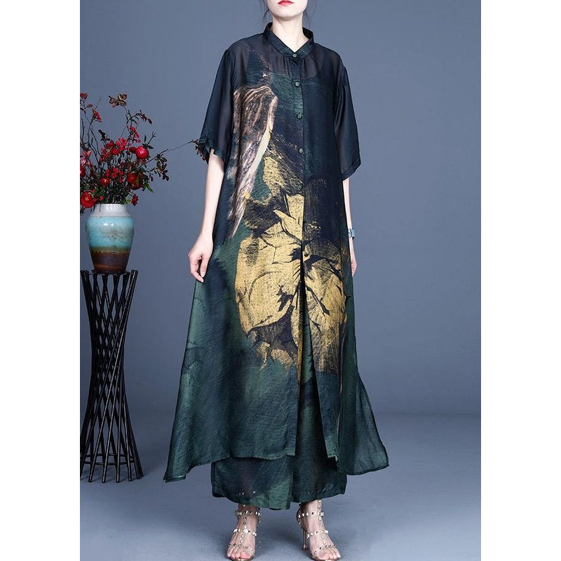 Art Yellow Print Half Sleeve Wide Leg Two Pieces Set (Limited Stock)