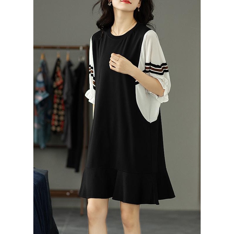 Beautiful Black Patchwork Batwing Sleeve Summer Cotton Dress