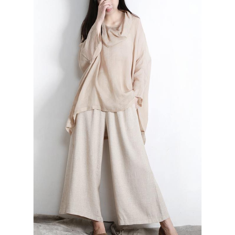 Beautiful Nude Turtle Neck Batwing Sleeve Two Piece Set Women Clothing Summer Linen