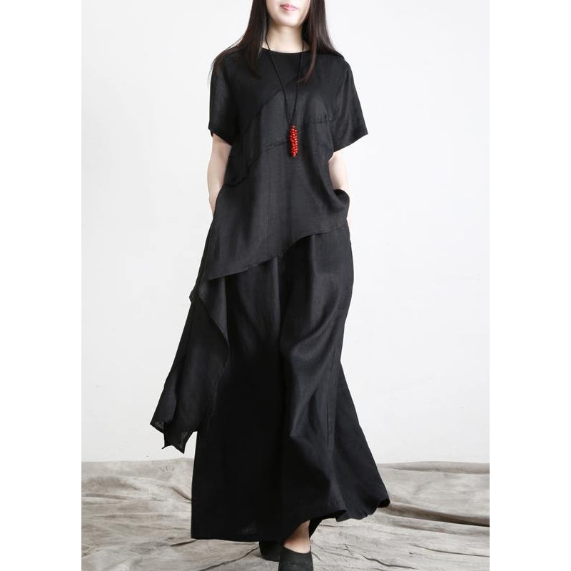 Black asymmetrical Design Linen Long Shirt Wide Leg Pants Summer