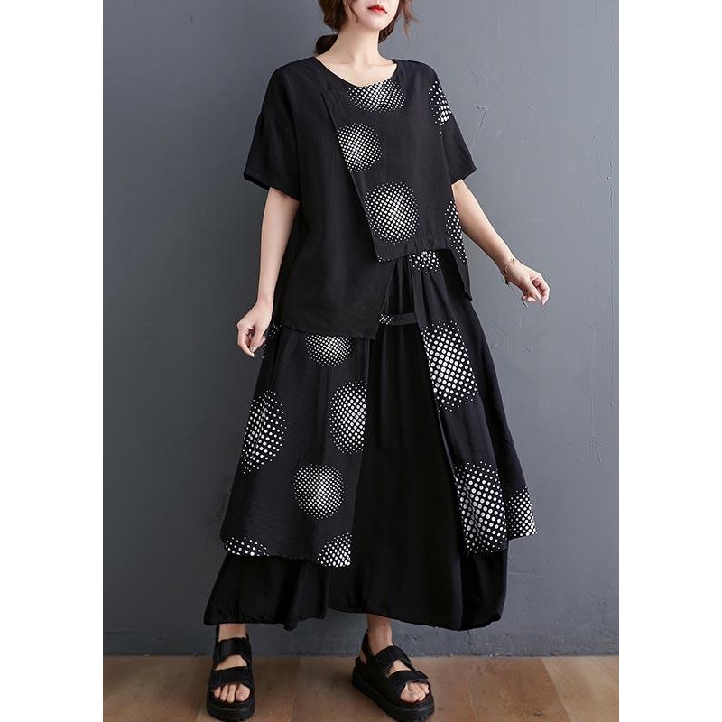 Black Print Short Sleeve Round Neck T-shirt Elastic Waist Skirt Suit Summer ( Limited Stock)