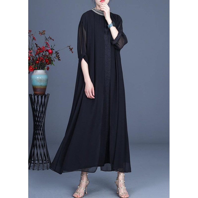 Bohemian Black Embroidery Oversize Maxi Summer Spring Chiffon Dress