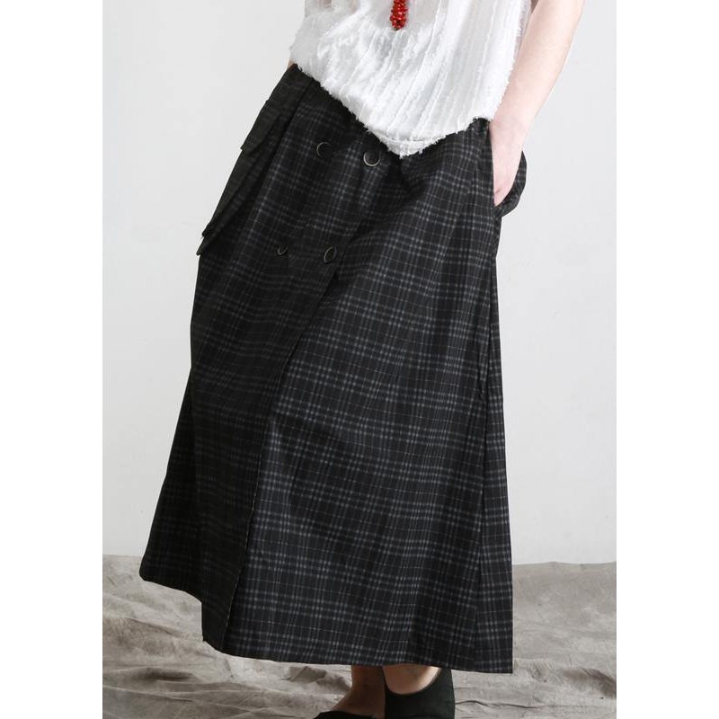 Bohemian Black Plaid Button Pockets Summer Cotton Skirts