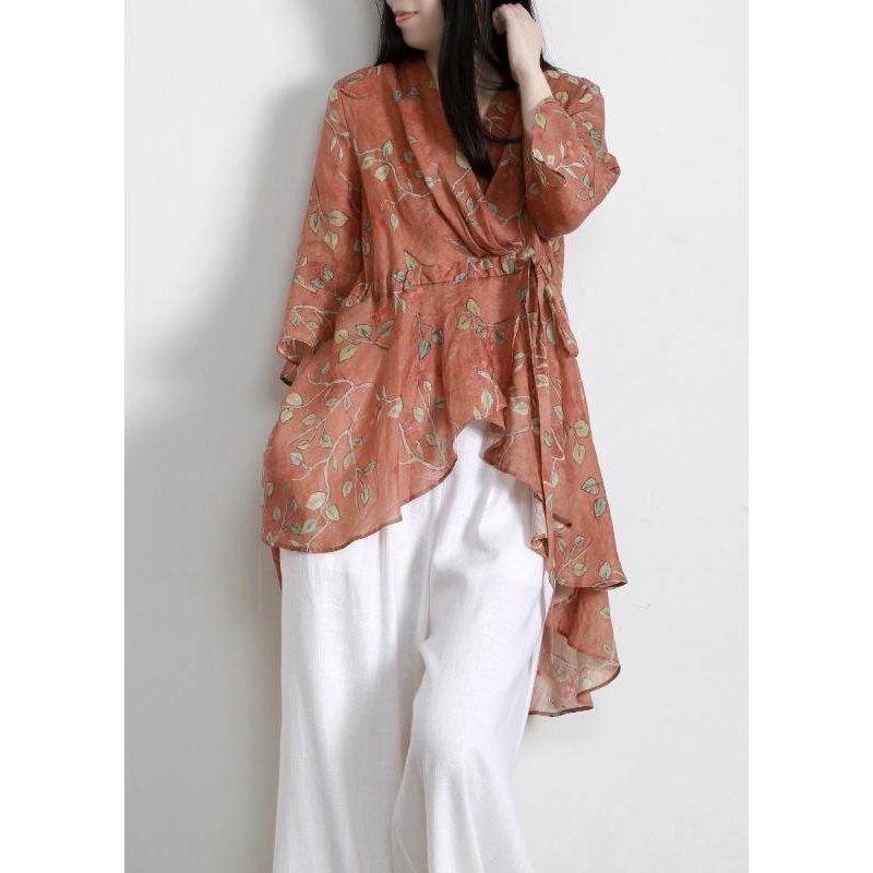 Bohemian Orange Print Cinchedasymmetrical design Shirt Top Summer