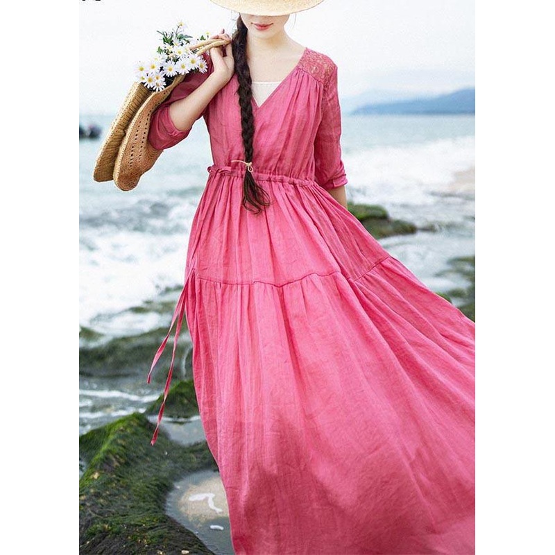 Bohemian Rose Patchwork Lace Pockets Maxi Summer Linen Dress