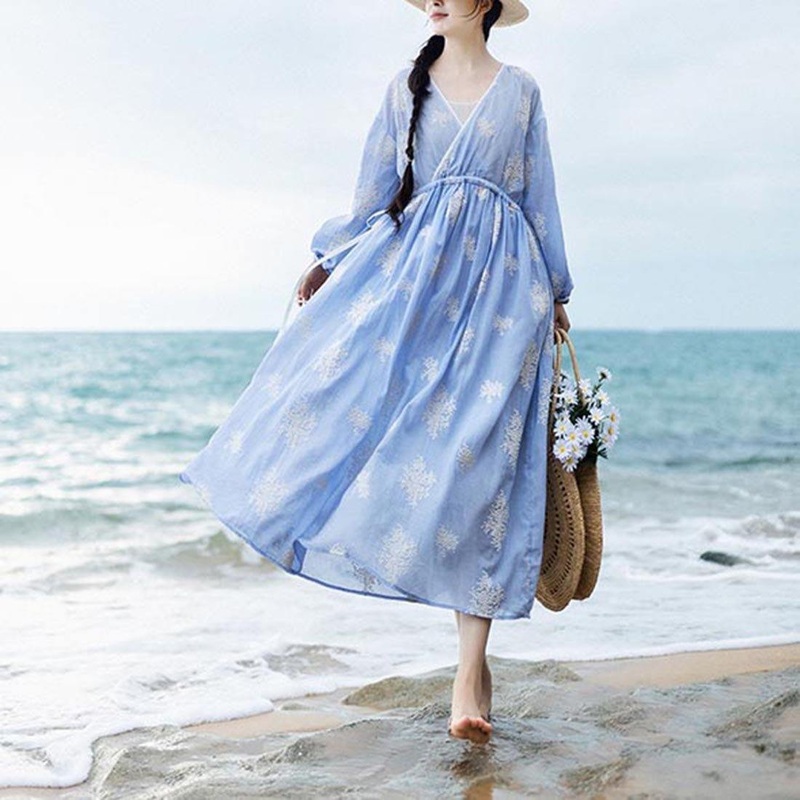 Boutique Blue Embroideried tie waist Long Summer Cotton Dress
