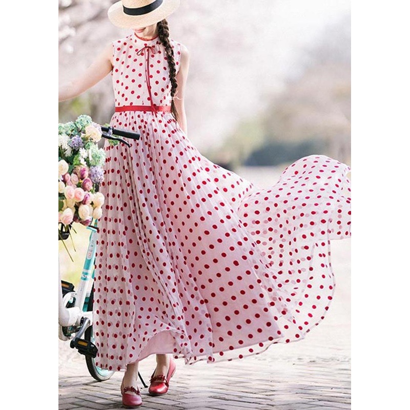 Casual Red Dot Stand Sleeveless Long Summer Chiffon Dress