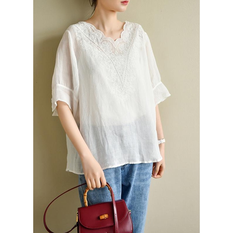 Casual White Lace Linen Short Sleeve Blouses