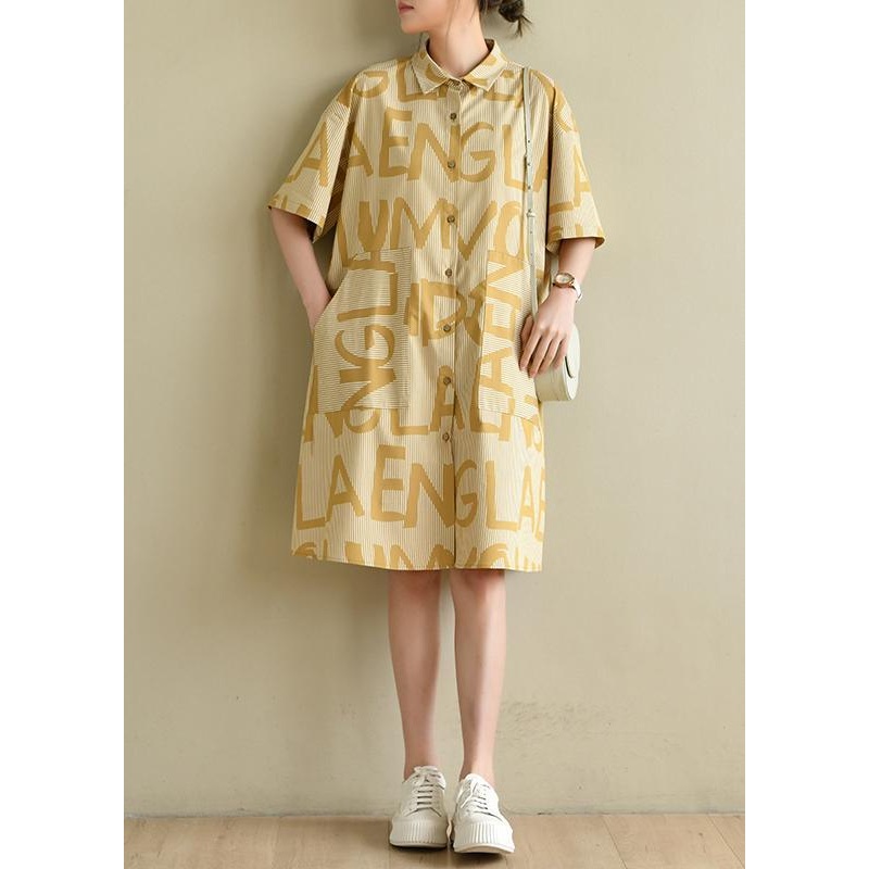 Casual Yellow Cinched Peter Pan Collar Cotton Dress Graphic Dress