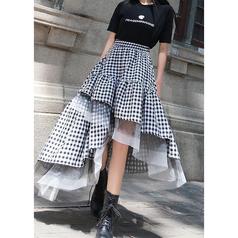Chic Black White Plaid Ruffles Patchwork Lace Skirt Summer ( Limited Stock)