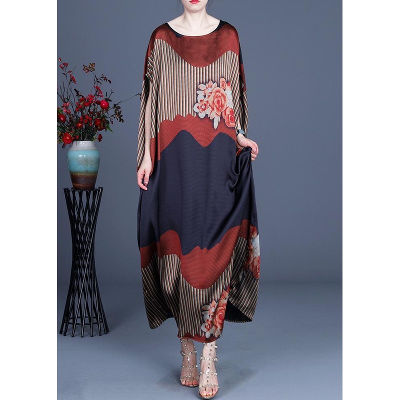 Chic Color block Batwing Sleeve Silk Maxi Dresses Summer Spring