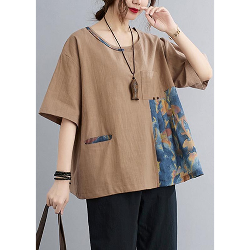 Chic Khaki Patchwork Pockets Cotton Linen Shirt Summer ( Limited Stock)