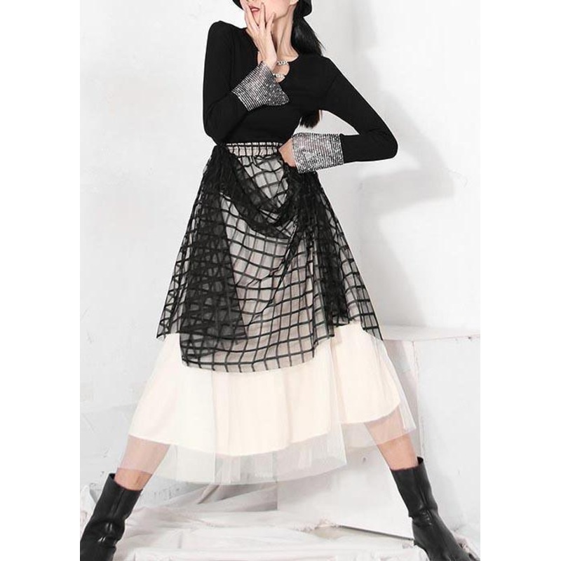 DIY Black Plaid Patchwork Pleated Summer Skirt