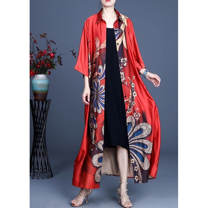DIY Red Print Spring Loose Coat Long