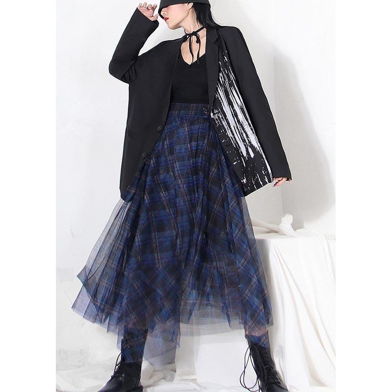 Fine Blue Plaid Button Asymmetrical Summer Skirt
